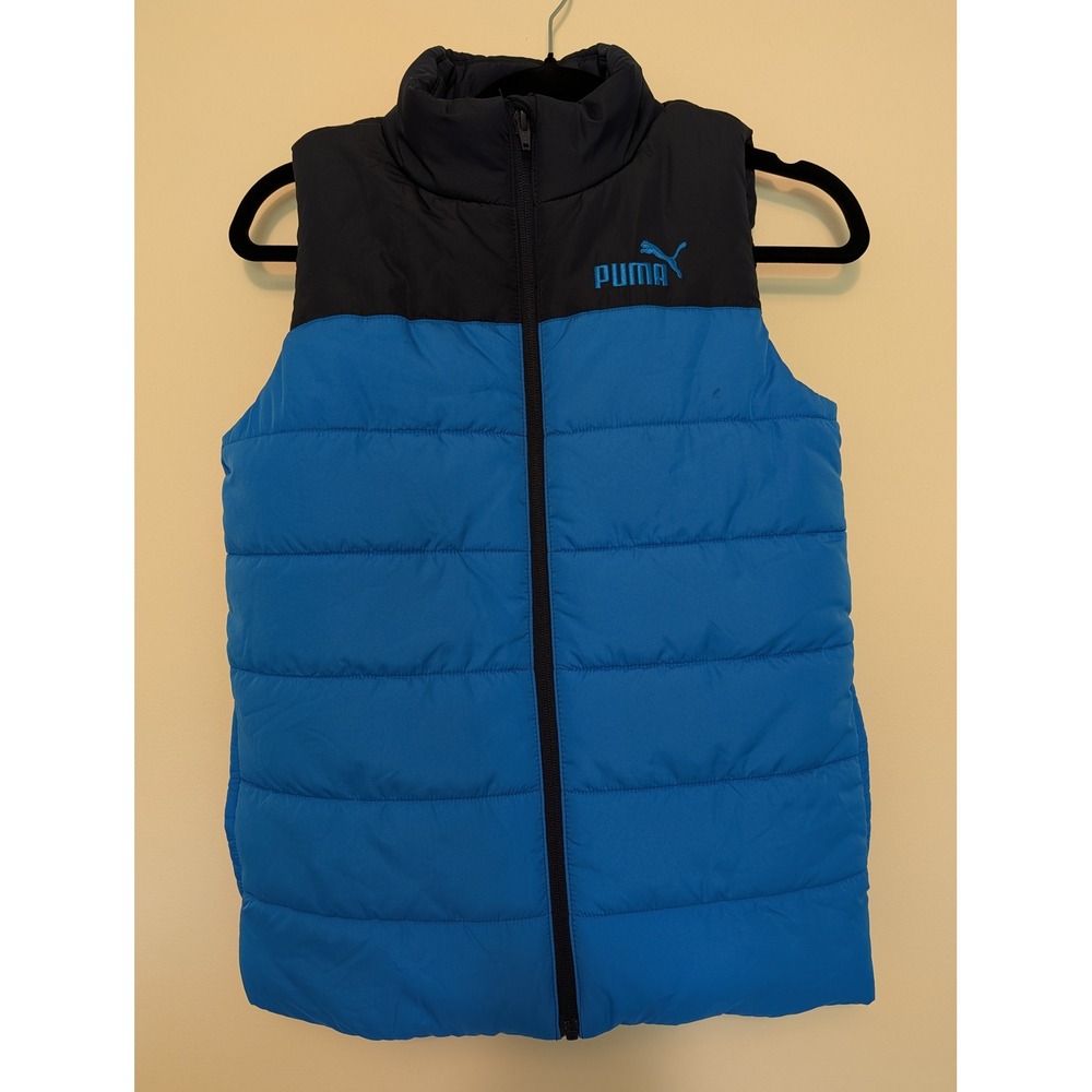 PUMA Boys Blue Black Colorblock Puffer Vest Full Zip Youth Size M 10/12 Winter